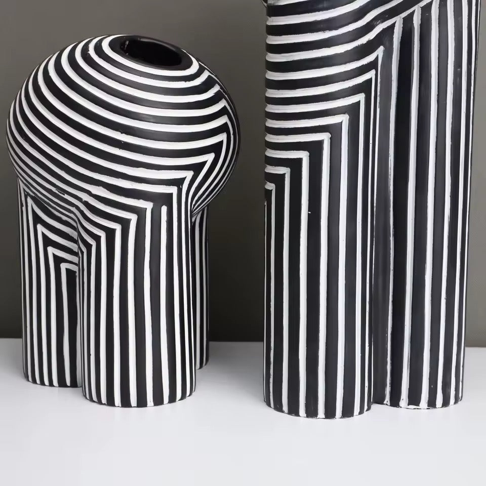 Geometric Black & White Striped Resin Vase
